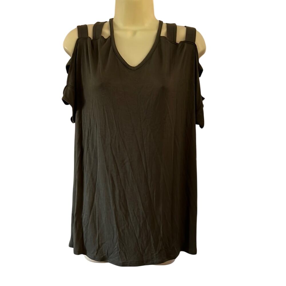 The Cozy Tee Hippie Rose Olive Green Cold Shoulder Knit Top Woman Size Large